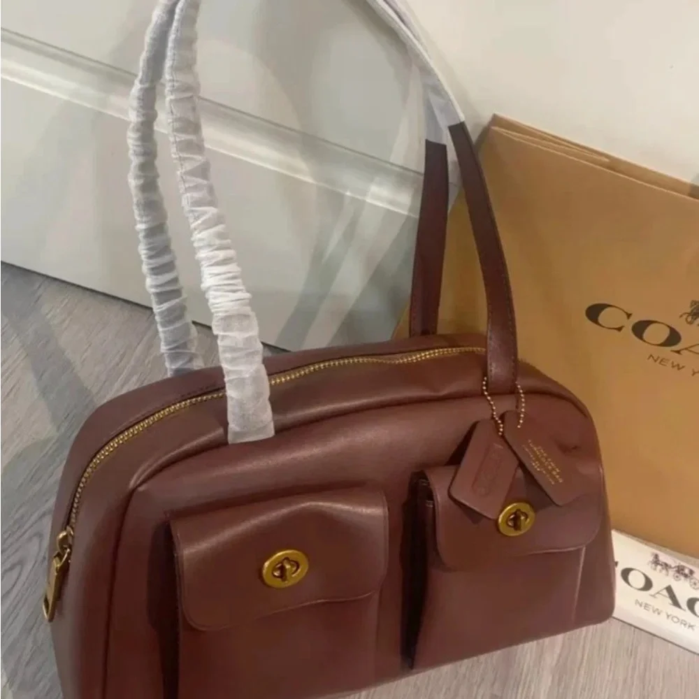 NEW ~ Twin Turn-Lock Coach Chestnut Leather Satchel (Large Size) - Picture 3 of 9